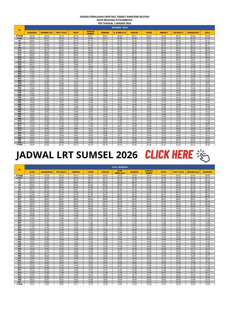 Jadwal Perjalanan LRT Sumsel Per 1 Januari 2026