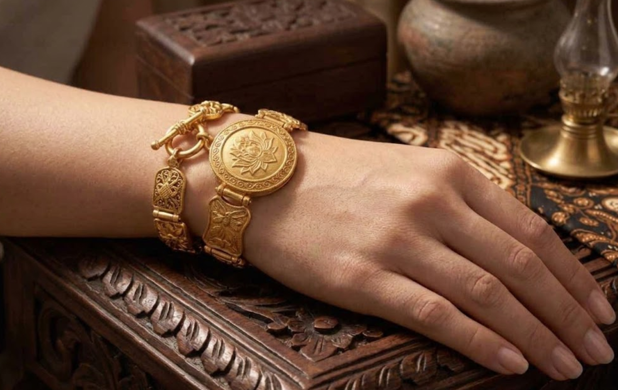 Gelang Emas Etnik dengan Liontin Simbolik, Perhiasan Cantik Penuh Makna