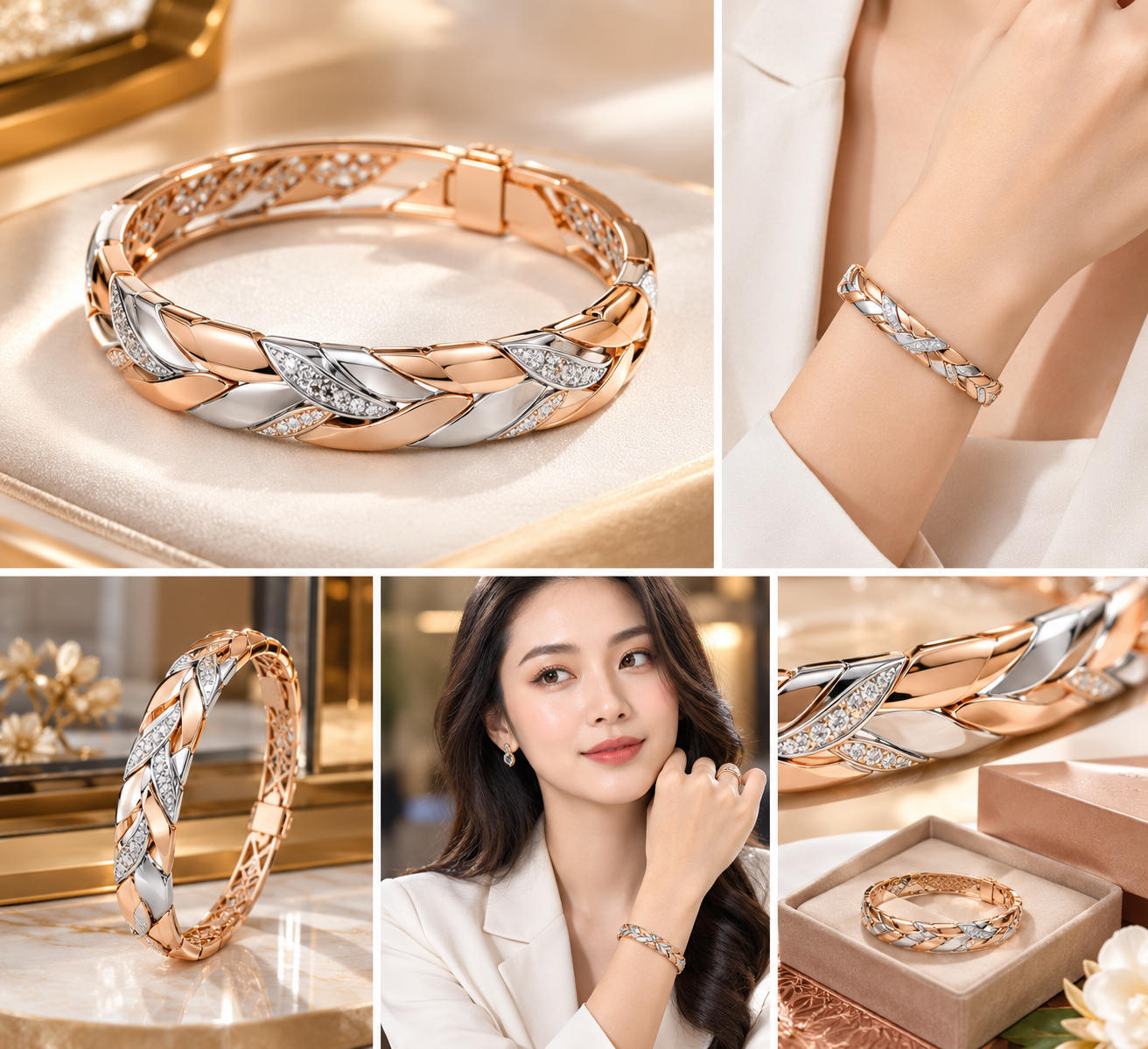 Gelang Rose Gold & White Gold Two Tone 40 Gram, Perhiasan Mewah dengan Sentuhan Modern