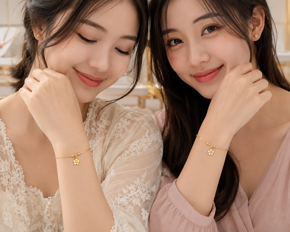 Gelang Tali Emas dengan Liontin Bunga Mini, Sentuhan Feminin yang Elegan