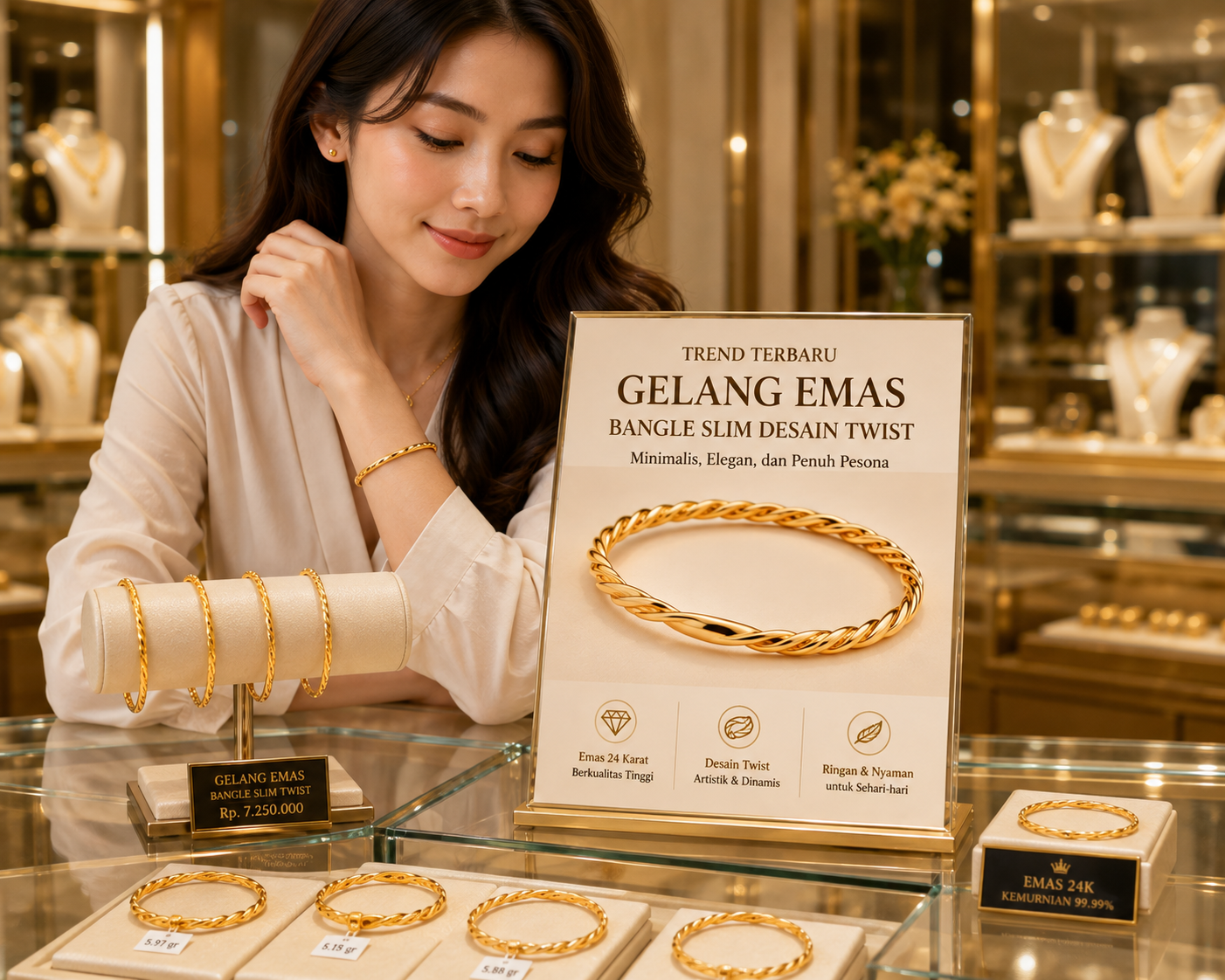Gelang Emas Bangle Slim Desain Twist, Tren Perhiasan Modern yang Elegan dan Berkarakter