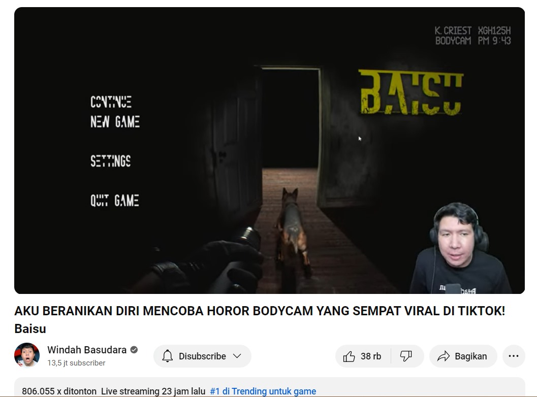 Windah Basudara Mencapai Puncak Trending YouTube Kategori Game dengan Memainkan Horror BodyCam BAISU