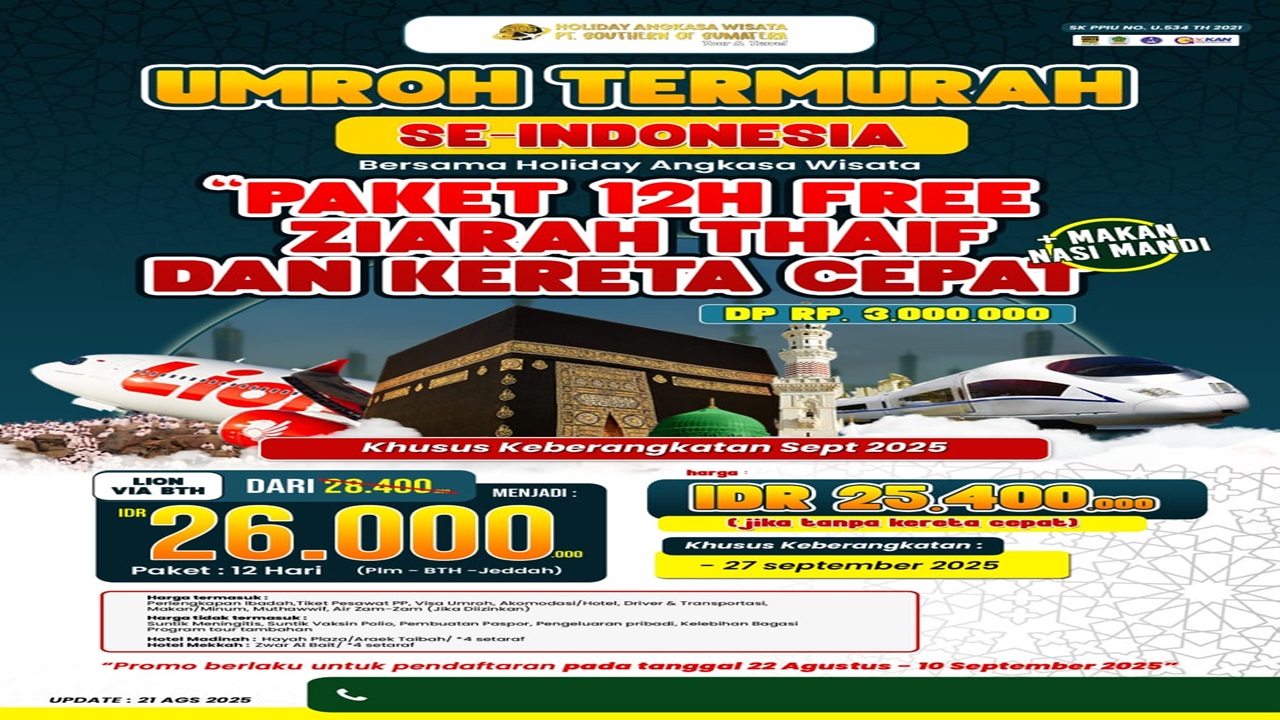 Promo Umrah Termurah Se-Indonesia Musim 1447 H keberangkatan 27 September
