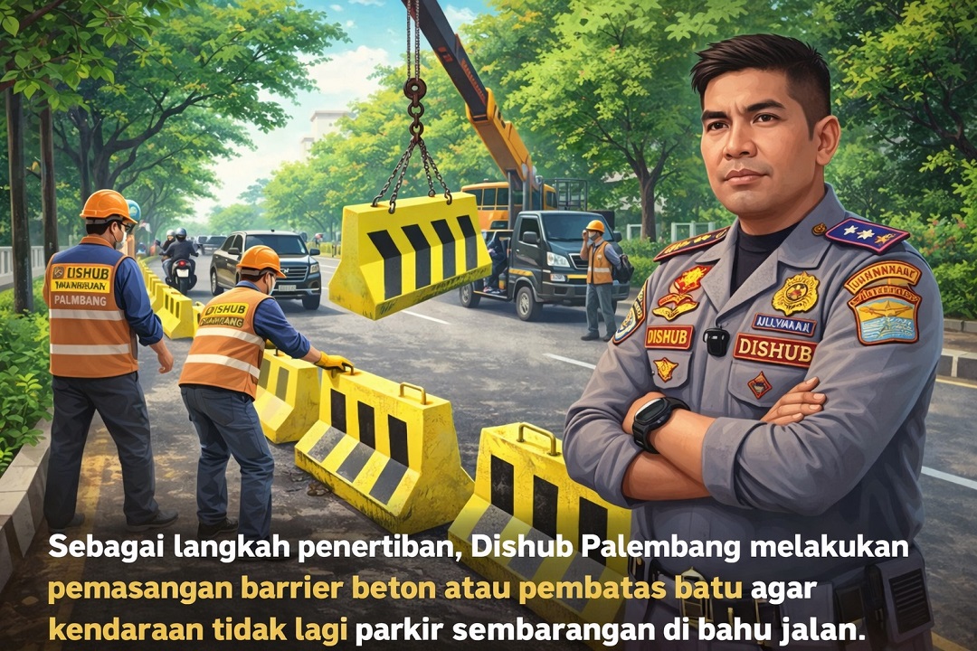 Bahu Jalan Dokter M. Ali Dipasangi Barrier Atasi Parkir Liar