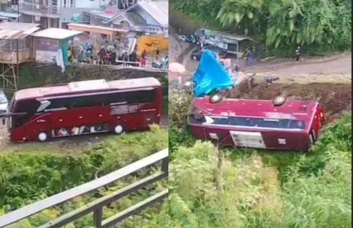 Terekam Kamera, Detik-detik Bus Terjun ke Jurang di Kawasan Wisata Guci di Tegal