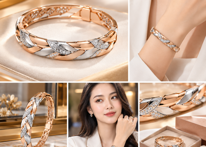 Gelang Rose Gold & White Gold Two Tone 40 Gram, Perhiasan Mewah dengan Sentuhan Modern