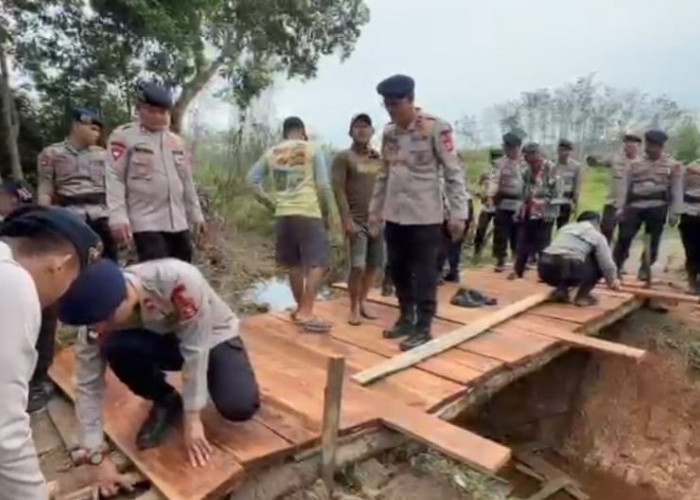Jembatan Banban Rejo Mengkhawatirkan, Personel Batalyon C Brimob Polda Sumsel Lakukan Perbaikan