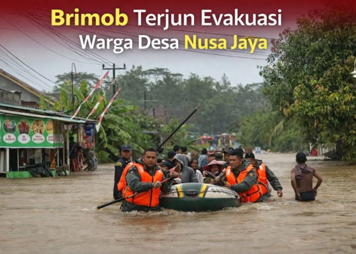 Banjir Rendam Puluhan Rumah di Desa Nusa Jaya, Brimob Polda Sumsel Evakuasi Warga