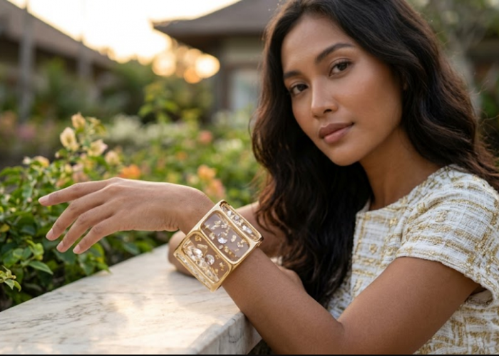Gelang Emas Transparan dengan Inset Kristal atau Resin, Sentuhan Modern yang Memancarkan Keanggunan